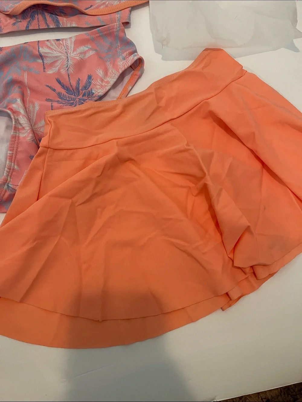 New! Kids Peach Coral Palm-Print One-Piece Swimsuit with Coral Skirt 3 Pieces